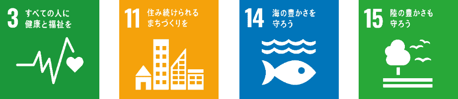 3 すべての人に健康と福祉を 11 住み続けられるまちづくりを 14 海の豊かさを守ろう 15 陸の豊かさも守ろう