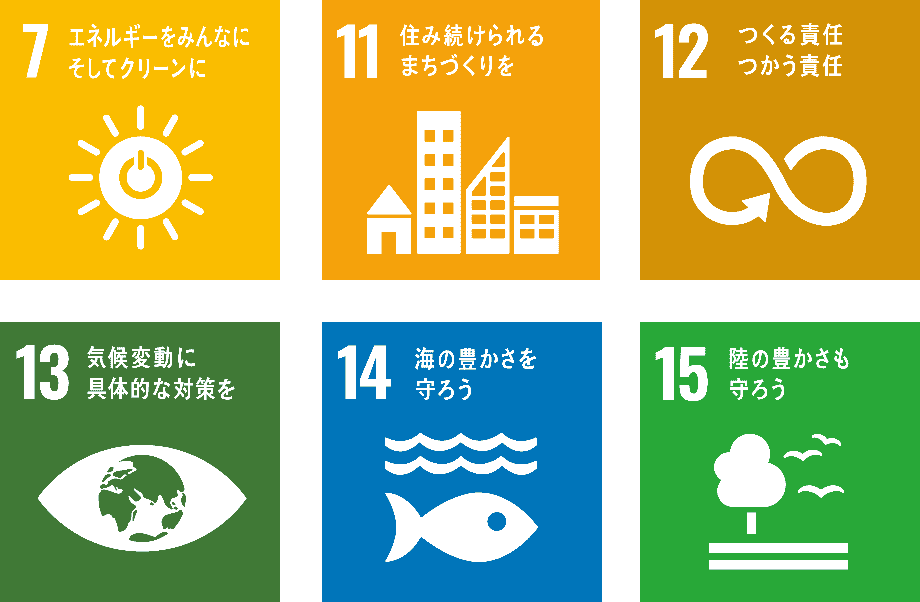7 エネルギーをみんなに。そしてクリーンに 11 住み続けられるまちづくりを 12 つくる責任、つかう責任 13 気候変動に具体的な対策を 14 海の豊かさを守ろう 15 陸の豊かさも守ろう