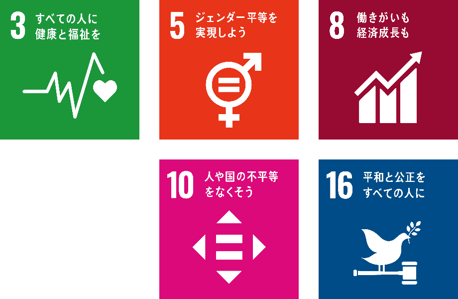 3 すべての人に健康と福祉を 5 ジェンダー平等を実現しよう 8 働きがいも経済成長も 10 人や国の不平等をなくそう 16 平和と公正をすべての人に